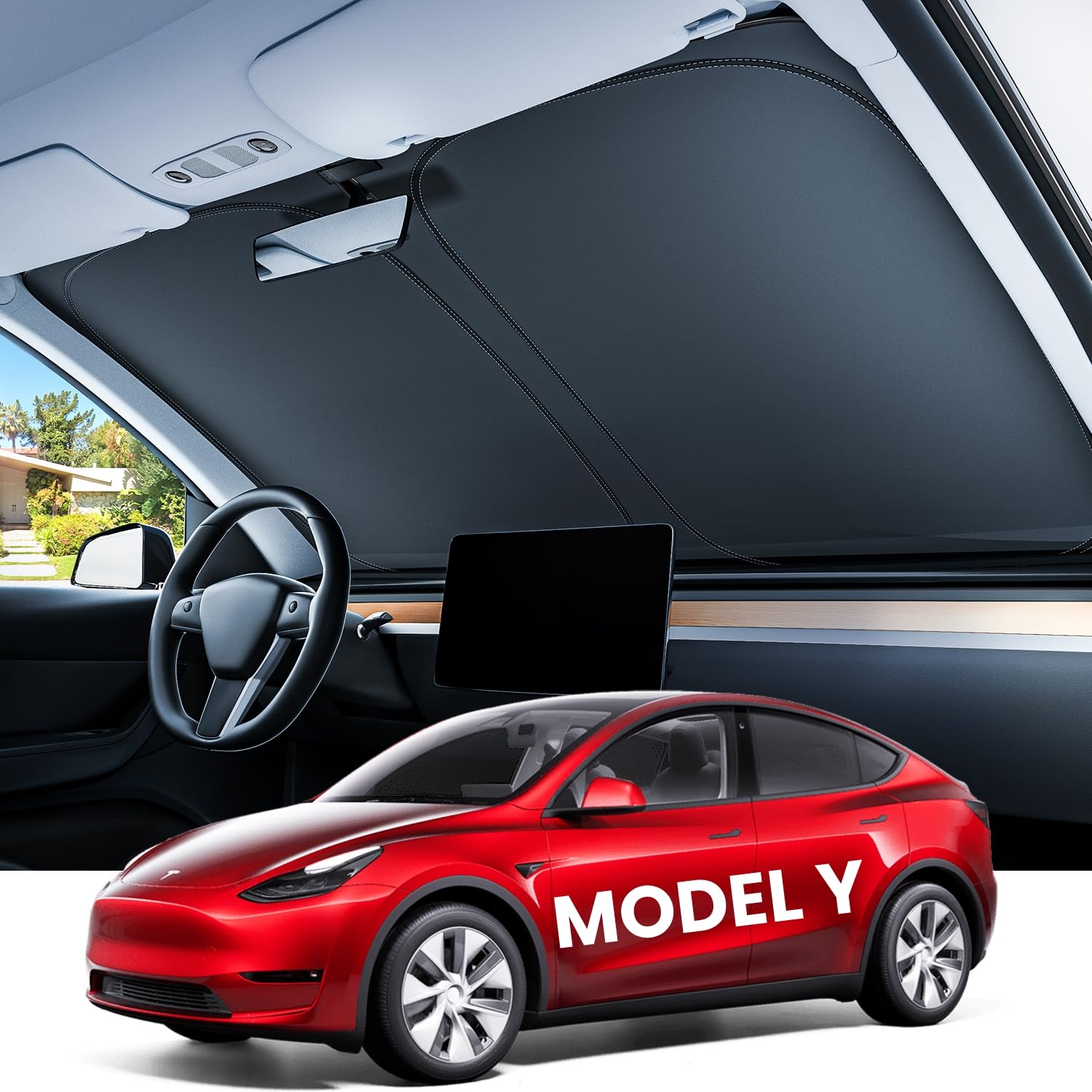 REEVAA 2025 Upgraded Tesla Model Y Sunshade Windshield [Tailored Fit, 99% Sun Protection] Foldable Sun Shade Accessories